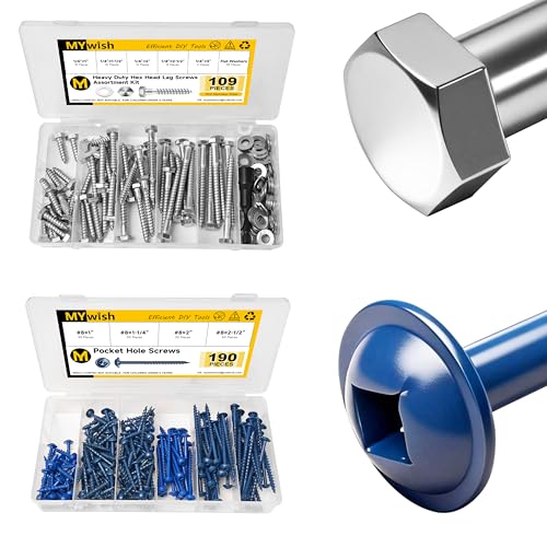 Mywish 109Pc 1/4 Hex Head Lag Screws Assortment Kit & Mywish 190Pcs #8 Pocket Hole Screws, Wood Screws Assortment Kit, #8 x 1, 1-1/4", 2", 2-1/2", Self Tapping Pocket Screws with Square Drive
