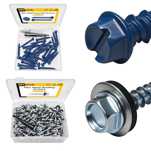 Mywish 30Pcs 1/4 x 1-3/4" Concrete Screws & Mywish 300Pcs #10 x 1 Hex Head Self Tapping Metal Roofing Screws with Rubber Washer, Zinc Plated Wood Screws