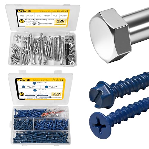 Mywish 1/4 Hex Head Lag Screws Assortment Kit & Concrete Screws with Drill Bits 200Pcs Concrete Screws Assortment Kit 1/4 3/16, Flat Pillips & Hex Head Masonry Screws