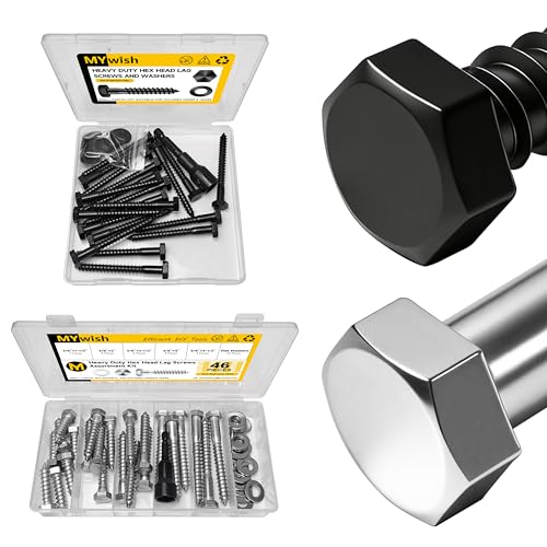 MYWISH (20Sets) 1/4" x 2-1/2" Hex Head Lag Bolts & Mywish 3/8 Hex Head Lag Screws Assortment Kit, 46Pcs Heavy Duty Lag Bolts with Washers, 304 Stainless Steel Bolts 18-8 5-Size Wood Screws for Outdoor
