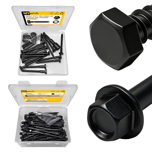 MYWISH (20Sets) 1/4" x 2-1/2" Hex Head Lag Bolts & 100Pcs 4 Inch Wood Screws, #14 x 4 Heavy Duty Outdoor Wood Screws Assortment Kit Deck Screws, Black Timber Screws Lag Bolts
