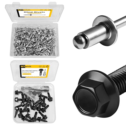 Mywish (300Pcs) 3/16" x 1/4" Blind Pop Rivets & 25Pcs #14 x 3/4" Serrated Flange Hex Washer Head Sheet Metal Screws, Aluminum Grip and Steel Mandrel Blind Rivets, Black Zinc Plated Self Tapping Screws