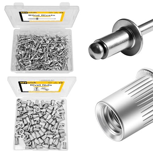Mywish 300Pcs 3/16" x 1/4" Blind Pop Rivets &100Pcs 1/4-20 Rivet Nuts Hardware Nuts, 304 Stainless Steel Flat Head RIV Nuts, Aluminum Grip and Steel Open End 3/16 Rivets for Metal