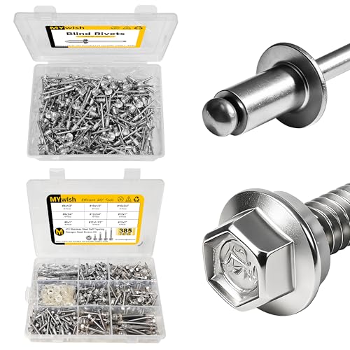 Mywish (300Pcs) 3/16" x 1/4" Blind Pop Rivets & 385 Pieces #8#10#12 Hex Head Self Drilling Screws Assortment Kit, High Strength Sheet Metal Screws