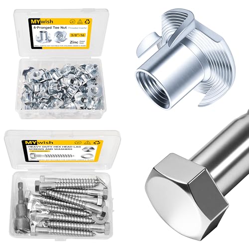 Mywish 50Pcs 3/8-16 Nut, T Nuts 3/8, 4-Jaw Tee Nuts for Bolts & (10Sets) 3/8" x 3" Hex Head Lag Bolts, Heavy Duty Lag Screws with Washers, 304 Stainless Steel Bolts 18-8, Lag Screws Wood Screws