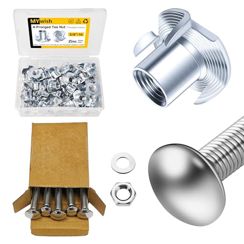 Mywish 50Pcs 3/8-16 4-Jaw Tee Nuts for Bolts & (5 Sets) 3/8-16 x 4 Carriage Bolts Screws Round Head Square Neck and Hex Nuts & Flat Washers, Full Threaded 304 Stainless Steel Bright Finish