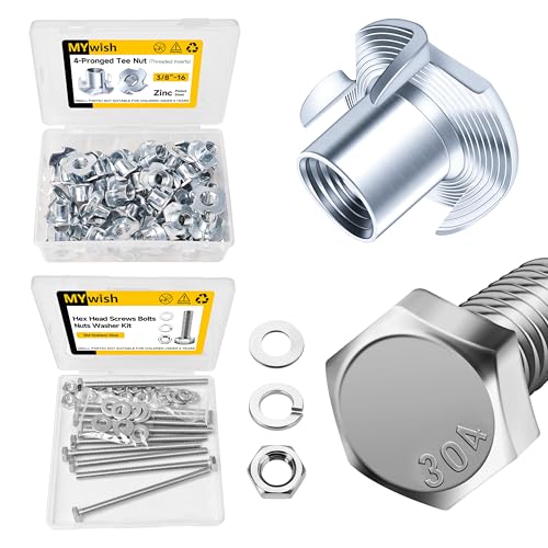Mywish 50Pcs 3/8-16 4-Jaw Tee Nuts for Bolts & (10 Sets) 1/4-20x4 Hex Head Assorted Screws Nuts and Bolts with Flat & Lock Washers, 304 Stainless Steel 18-8, Fully Threaded, Metric Bolt Assortment