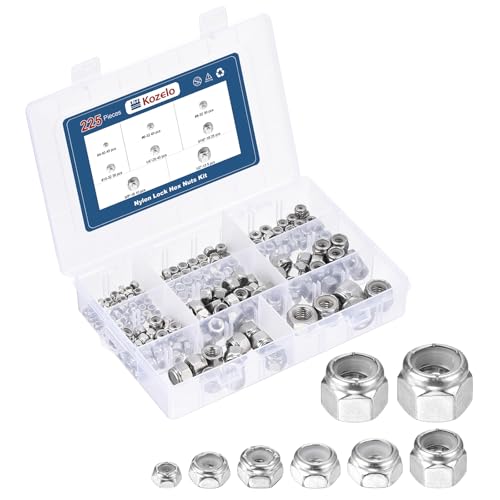 225Pcs Nylon Locking Hex Nuts Kit - [#4,#6,#8,#10,1/4",5/16",3/8",1/2"], 304 Stainless Steel Hardware Nuts, Silver, for Automotive, Aerospace, Industrial Applications Use