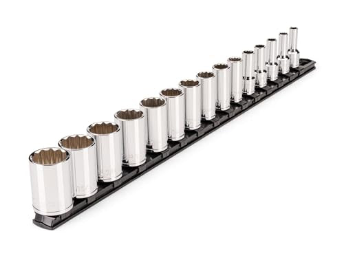 TEKTON 3/8 Inch Drive 12-Point Socket Set, 15-Piece | SHD91123 Semi-deep 15-Piece, Rail