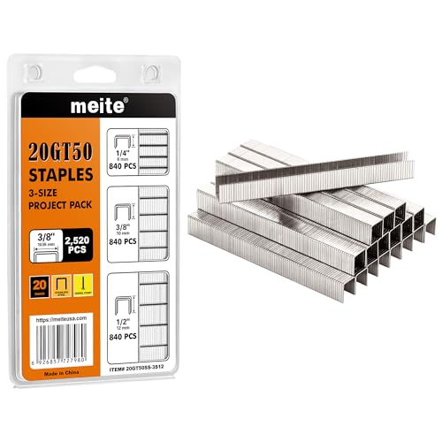 meite 1/2" Stainless Steel T-50 Staples - 1,512 Counts and Assorted 3 Sizes (1/4", 3/8", 1/2") Stainless Steel T-50 Staples - 2,520 Counts