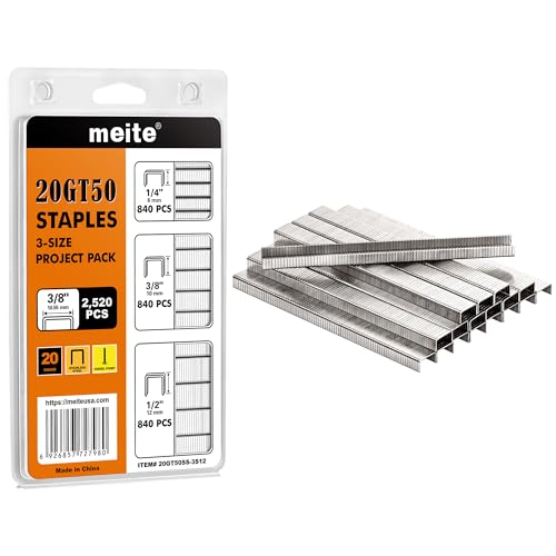 meite 1/4" Stainless Steel T-50 Staples - 1,512 Counts and Assorted 3 Sizes (1/4", 3/8", 1/2") Stainless Steel T-50 Staples - 2,520 Counts