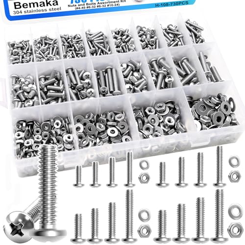Nuts and Bolts Assortment Kit, 304 Stainless Steel Bolts 8 Sizes #6-32#8-32#10-24 Phillips Pan Head Machine Screws + 730Pcs Machine Screws Nuts and Bolts Assortment Kit, #4-40#6-32#8-32#10-24 P