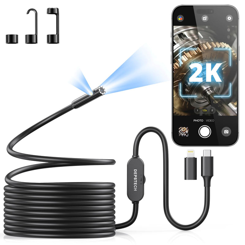 DEPSTECH 2K Endoscope Camera with Light: 2560P QHD Dual Lens Inspection Borescope with 16.5FT Snake Cable for iPhone & Android, Industrial Scope Automotive Tools for Sewer, HVAC, Plumbing, Mechanic Black