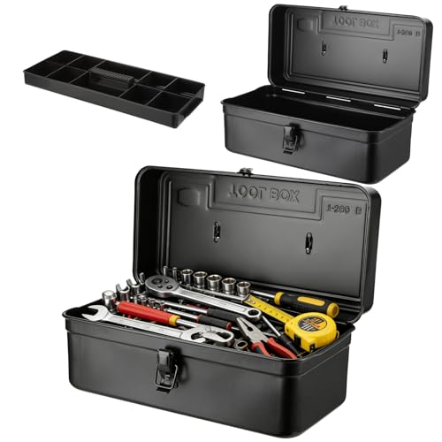Portable Small Metal Tool Box & Parts Organizer – 14.2" x 6.8" x 6.5" Lockable Storage Case with Removable Plastic Dividers, for Craft Supplies, Garage Hardware, Screws, Home Projects – Black