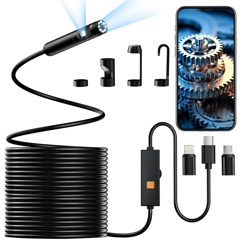 Endoscope Camera with Light, Dual-Lens 1920P HD Borescope Tools with 8+1 Adjustable LED Lights, 32.8FT Semi-Rigid Snake Cord IP67 Waterproof Inspection Camera for iPhone, iPad, iOS and Android Phone Dual Lens