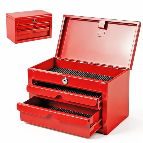 JACK BOSS Mini Tool Box with Two Drawers and Lockable Top Storage,Red Red