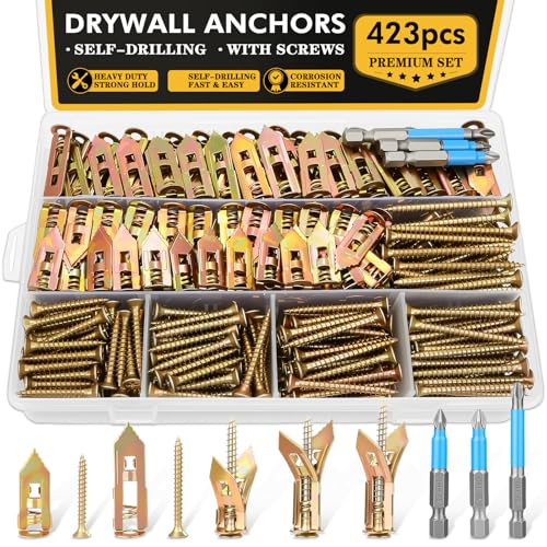 423 PCS Self Drilling Drywall Anchors with Screws Kit, Heavy Duty Metal