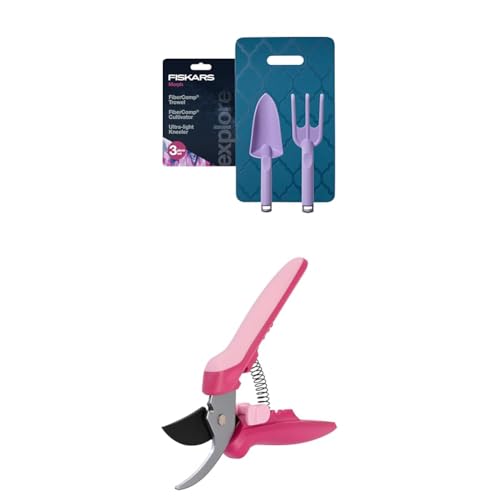 Bundle of Fiskars 3-Piece Gardening Set, FiberComp Trowel & Cultivator, Dual-Layer Knee Pad + Fiskars Floral Pruning Shears, Plant Cutting Scissors for Deadheading, Rose Petal Pink