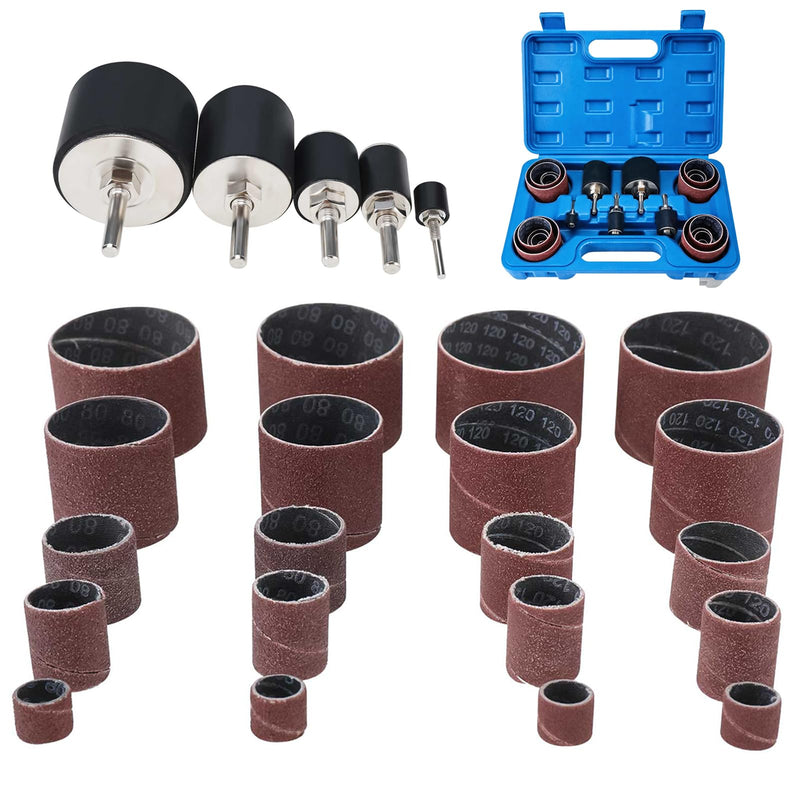 BOOMSTART 25 Piece Sanding Roller Set, 80 & 120 Grit Sanding Rollers for Drill, 5 Sizes Sanding Sleeves Sanding Belt Sandpaper with 1/4 Inch 1/8 Inch Sanding Spindle Sanding Drum for Wood (Blue) blue