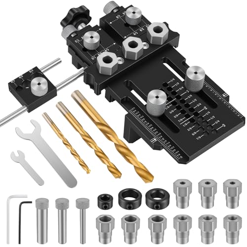 Dowel Jig Kit for Perfect Wood Joints, Self Centering Doweling Jig with 1/4 3/8 1/2 Drill Bushings & Bits, Woodworking Hole Drilling Guide for Cabinet Furniture DIY