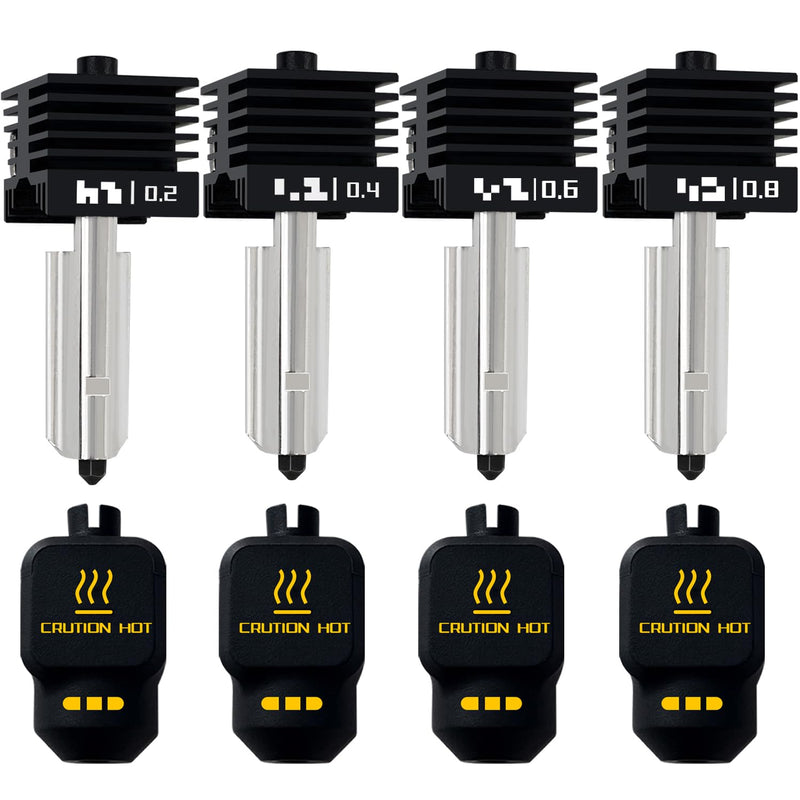 4‑Pack 0.2/0.4/0.6/0.8mm Hotend for Bambu Lab P2S/X2D/H2D/H2S/A1/A1 Mini | Leak-Free Hardened Steel Nozzles, Wear-Resistant Long-Lasting Extruder, Recognizable Silicone Cover 3D Printer Part 0.2MM+0.4MM+0.6MM+0.8MM