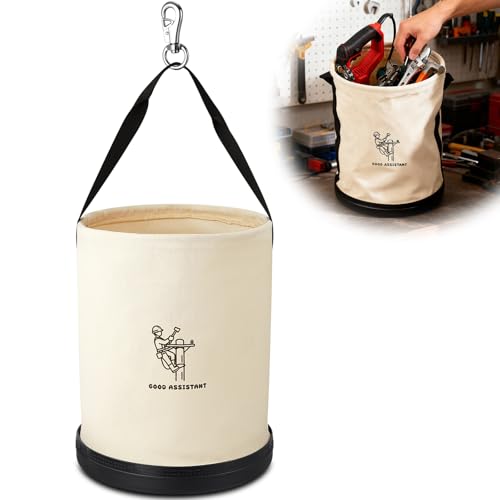 1 Pack 15" x 12" Canvas Tool Bucket Bag, Heavy Duty 150 Lbs Load Capacity, Truck Tool Organizer with Plastic Bottom Metal Hook for Linemen Electricians & Construction Workers (White) White 1