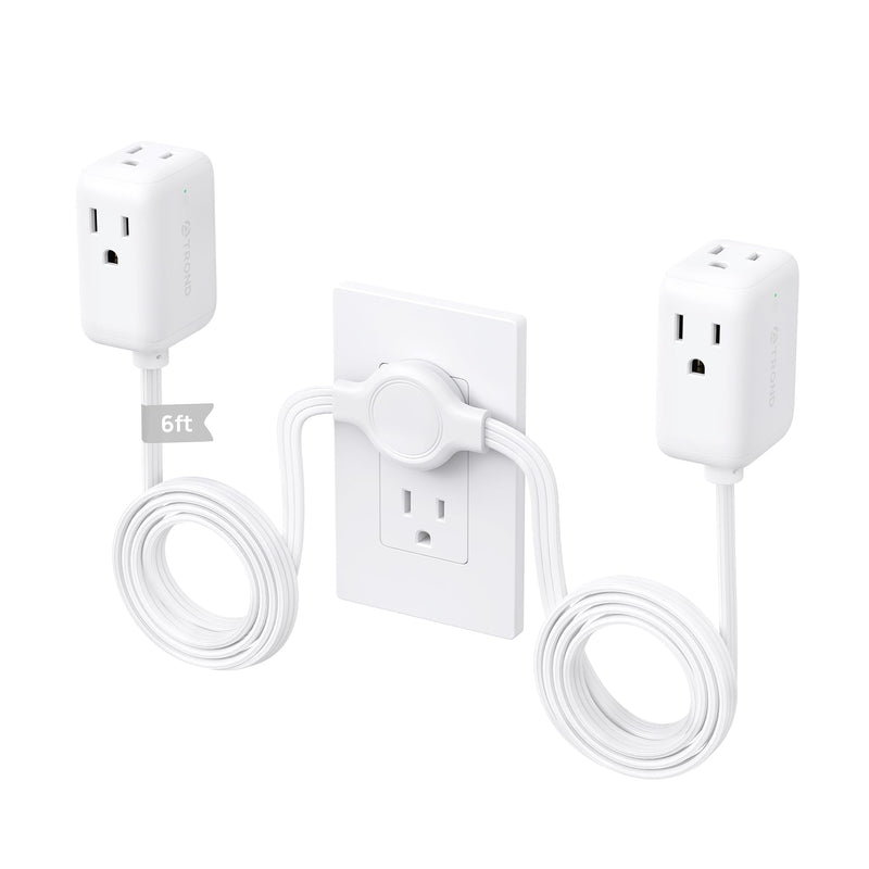 TROND Split Extension Cord with Surge Protection, Twin 6ft Each Side, White | Flat Plug For Tight Spaces, Low-Profile Outlet Extender, 3 AC, 900J, 1625W, Hide Behind the Middle of Sofa Couch Bed TV Stand 6 FT