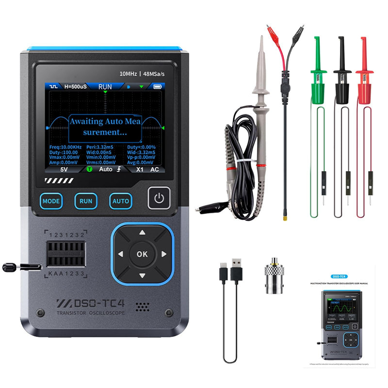 DSO-TC4 Oscilloscope, 3 in 1 Digital Oscilloscope/Transistor Tester/Signal Generator, 10 MHz Bandwidth, 48 MSa/s Sample Rate with Overheating Protection