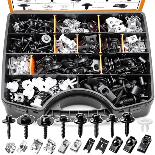 mankk 260PCS U‑Nut Clips and Fender Body Bolt Assortment Kit, 21 Sizes Mixed‑Spec Auto Fasteners, Black Phosphate Steel Retainer Clips for Car Truck Motorcycle Bumper Fender Mud Flap Repair Black&Silver-21 Sizes Kit