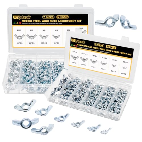 Siptenk Wing Nuts 400PCS Metric & SAE Wingnuts Carbon Steel Zinc Plated 400 SAE & Metric