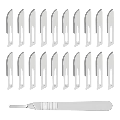 Pack of 20 Scalpel Blades No.10 with Scalpel Holder Stainless Steel No. 3 Sterile | Disposable carbon steel blades, extremely sharp cutting edge, individually wrapped, suitable for crafts, model making, hobby