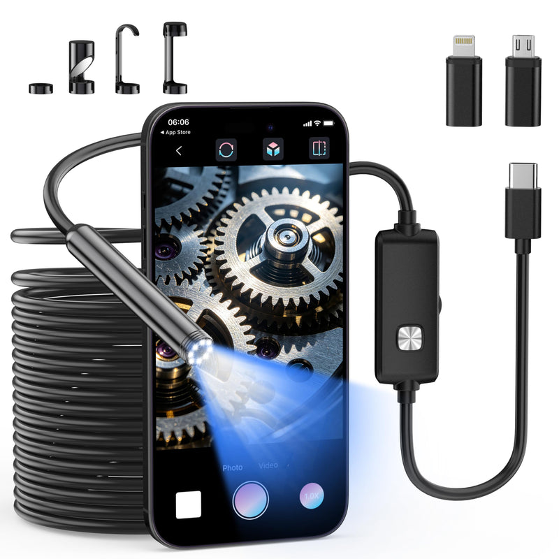 Endoscope Camera with Light, 1920P HD Borescope Inspection Camera with 16.4FT Semi-Rigid Snake Cable, IP67 Waterproof Endoscope with Adjustable LED Lights for iOS and Android