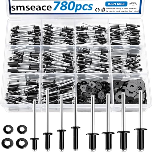 smseace 780Pcs Black Pop Rivets with Washers Assortment Kit-10-Sizes SAE Rivets for Metal 1/8,3/16Inch 2-Sizes 304 Stainless Steel Washers for Metal, Furniture, Automotive, Instruments Black Aluminum 780Pcs 8-Sizes