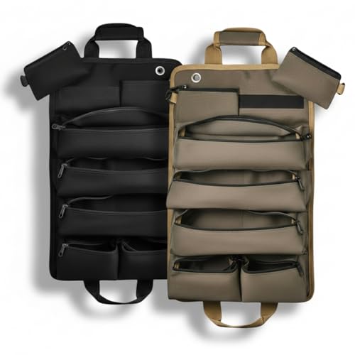 Save 10% on 2 Heavy Duty Roll-Up Tool Organizer Bags with Detachable Pouches | Black & Khaki