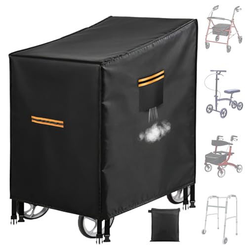 Rollator Cover with Handles, 420D 66 x 72 x 90 cm Universal Walker Protective Cover with Reflective Strips, 4 Buckles, Air Vents, Scooter Cover, Waterproof Rollator Accessories