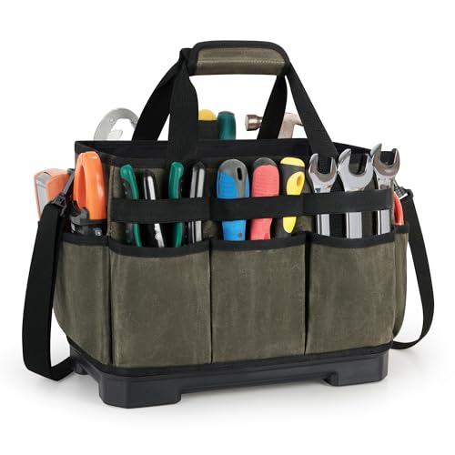 Marscamd Waxed Canvas Tool Bag with Hard Bottom and 8 Pockets Dark Green