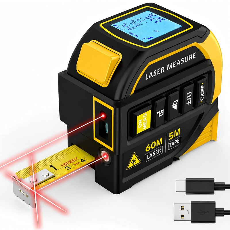 TEPU Laser Tape Measure 4-in-1, 197FT Laser Distance Meter with 16FT Auto-Lock Tape, Cross-Line Laser Level, Dual-Axis Angle, Backlit LCD, Distance/Area/Volume, Pythagorean Theorem & Angle Measurement