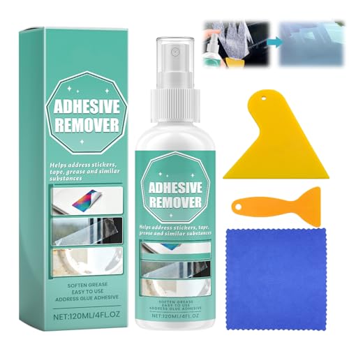 Adhesive residue remover spray, powerful label remover, 120 ml, adhesive remover, complete with scraper and cloth, effectively removes adhesive labels and adhesive residue from glass, plastic and