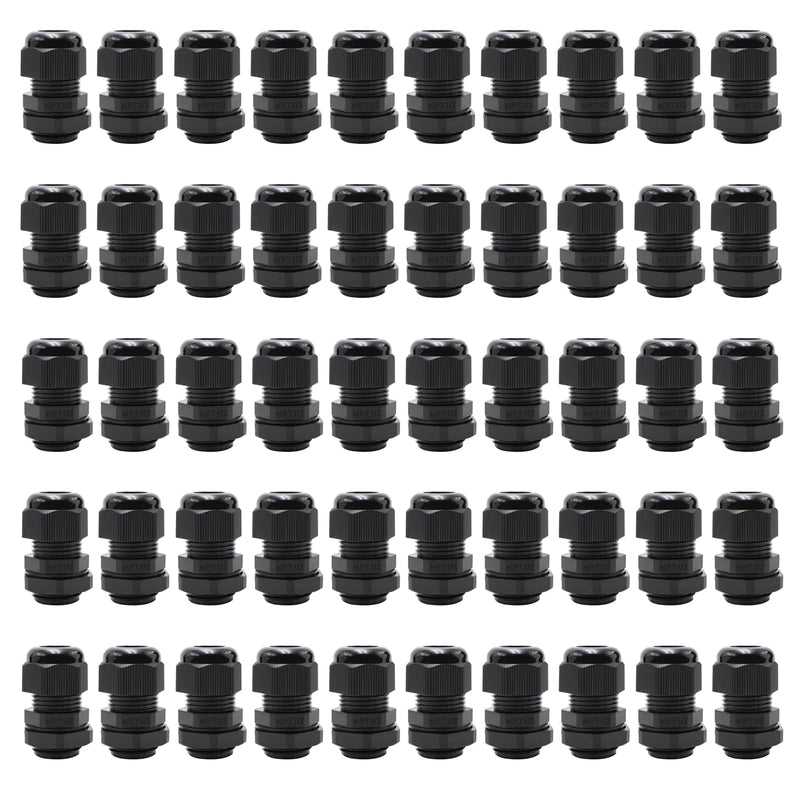 MAKERELE 1/2 NPT Nylon Cable Strain Relief, Waterproof IP68 6-12mm Cable Diameter with Gaskets(1/2 NPT, 50pcs) 1/2" 50pcs BAG Black