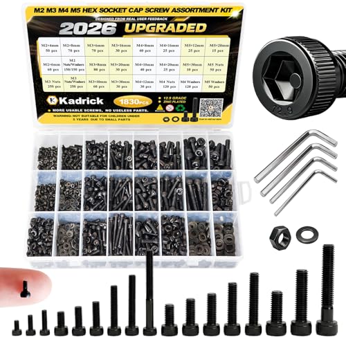 KADRICK 1830PCS M2 M3 M4 M5 Metric Screws Assortment,Hex Socket Head Cap M2-M5 1830Pcs