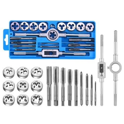 Tap and Die Set Metric Thread Cutting Set (20 Pieces, Blue) | M3-M12 Tap Die Set with Drill, Metric Tap Set for Female and Male Thread Blue 20pcs