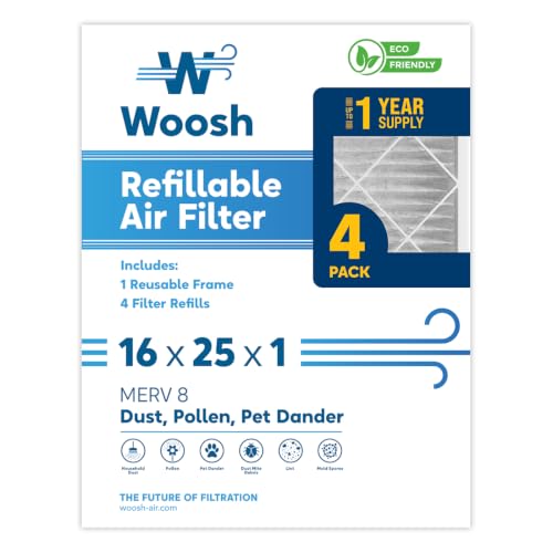 Woosh 16x25x1 Refillable Air Filter MERV 8 Furnace 4-Pack Starter Kit