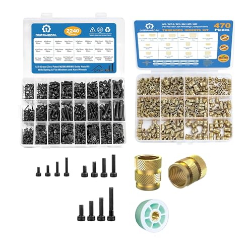2240PCS Metric Screw Assortment M2-M5 & 470PCS Brass Heat Set Threaded Inserts M2-M6 Kit, 12.9 Grade Alloy Steel Hex Socket Bolts Black Zinc Plated with Allen Wrench for 3D Printing & Plastic Componen