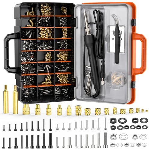 Preciva Threaded Inserts Set, 750Pcs Heat Set Inserts Nuts Bolts with M2 M3 M4 M5 M6 Insert-Tip, 60W Soldering Iron, Tweezer and Holder, for 3D Printer Parts or Plastic Parts M2-M6