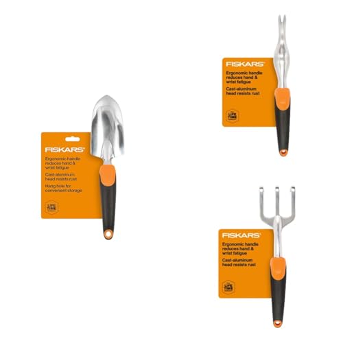 Bundle of Fiskars Trowel, For Digging and Planting + Ergo Weeder Tool for Weeding, Remove Weeds and Roots like Dandelions and Thistles + Ergo Cultivator for Digging, Aerating Soil, and Weeding