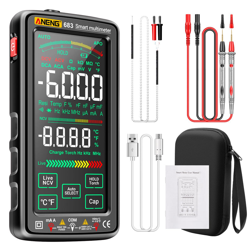 Smart Multimeter, Smart Digital multimeter Tester with Touch Screen 6000 Counts Auto Ranging Rechargeable multimeter A Reverse Display NCV Tester with Flashlight for Electricians,DIY (Black) Black