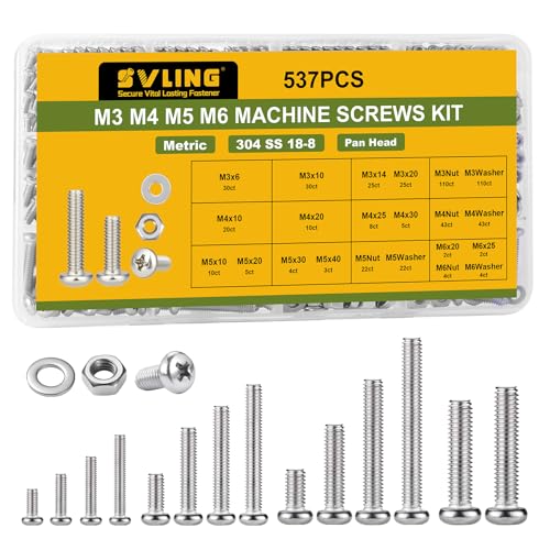 537Pcs M3 M4 M5 M6 Bolts Assortment Kit, Metric Machine Screws Phillips Pan Head Nuts Bolts Washer Assortment Kit, 304 Stainless Steel for Household Repairs,Electrical Wall Plate Switch M3/4/5/6 537PCS Machine SS