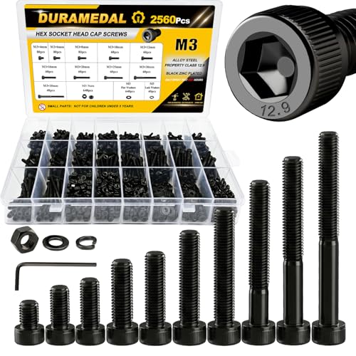 M3 Screws Kit 2560Pcs Socket Head Cap Screw Assortment 10 Sizes 3D Printing M3 Kit 2560pcs / 10 Sizes
