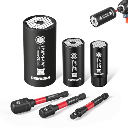 Geinxurn 6 PCS Universal Socket Set Heavy Duty,SAE& Metric (5-32mm,1/4"-1-1/4") Super Sockets for Unscrew Any Nuts Bolts,1/4", 3/8", 1/2" Impact Power Drill Adapters,for Auto Repair & Home Maintenance 1/4;3/8;1/2