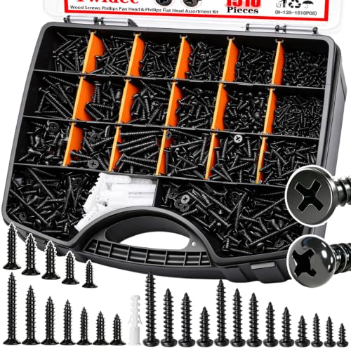Twidec/1510PCS Wood Screws Black M2 M3 M4#6#8 Phillips Pan Head＆Flat Head 1510PCS